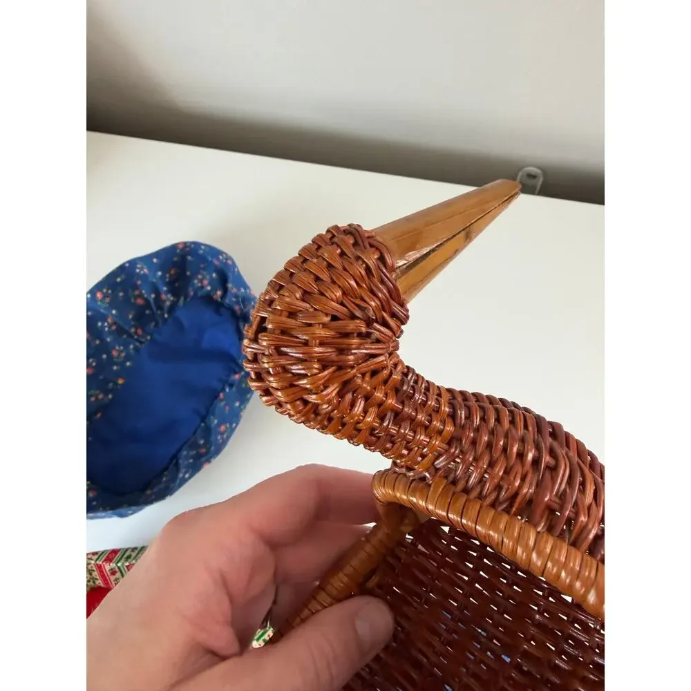 Vintage Wicker Duck Basket w 2 Handmade Liners & Bonnets Country Cottage Decor
